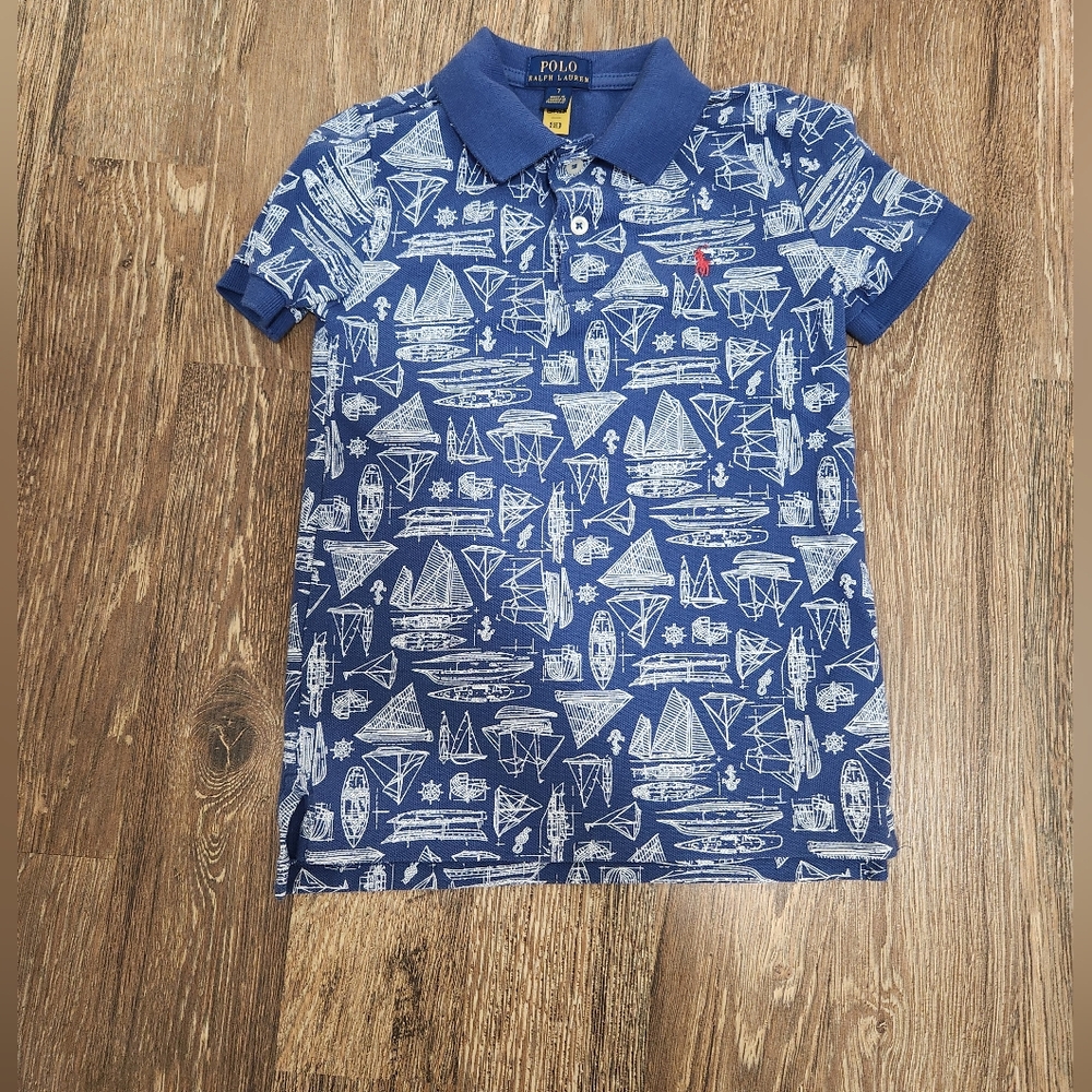 Boys Polo by Ralph Lauren Blue Nautical Sailboat Cotton Mesh Polo Size 7